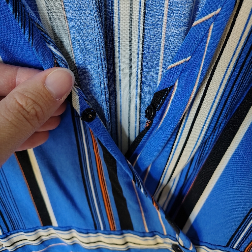 Band Of Gypsies Women's Medium Blue Striped Short-sleeve Wrap-style Mini Dress - Picture 7 of 13